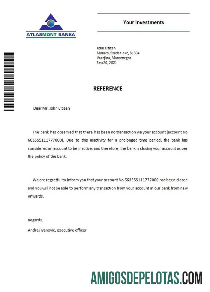 Referência de fechamento do Banco Atlasmont de Montenegro modelo